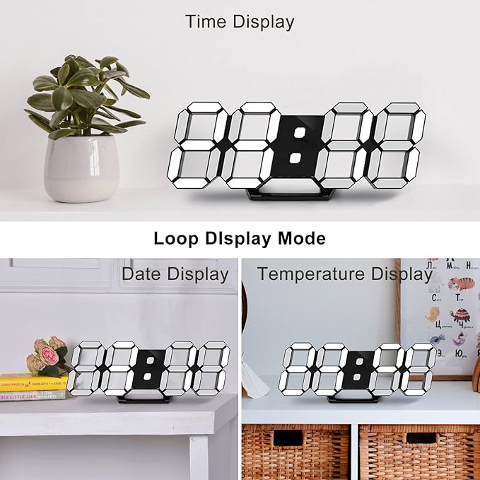 Deeyaple Led Digital Alarm Clock 3D Small Wall Clock Snooze Dimmable Time Memory 12/24 Date Temperature Remote Control Night Light Office Kitchen Living Room Bedroom (9.7 Inch, Black)