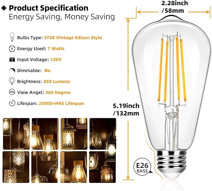 12-Pack Vintage 7W ST58 LED Edison Light Bulbs 60W Equivalent, 850Lumens, 3000K Soft Warm White, E26 Base LED Filament Bulbs, CRI90+, Antique Glass Style Great for Home, Bedroom, Office, Non-Dimmable