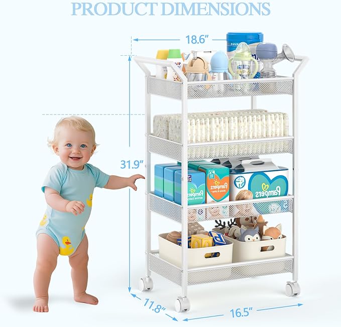 Baby Diaper Caddy Cart, 4-Tier Diaper Caddy Organizer and Storage, Rolling Utility Cart for Baby Supplies, Diaper Cart with Wheels for Bedroom, Nursery, Changing Table, White