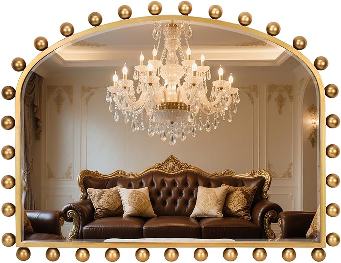 36"x28" Wide Arched Wall Mirror, Antique Gold Ball Frame with Beveled Glass, Large Horizontal Mantel Piece Over Fireplace or Above Sofa, Statement Metal Frame for Living Room