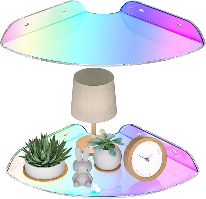 Sezanrpt 7x7 Inch Corner Shelf Wall Mount Set of 2, Iridescent Acrylic Corner Floating Shelves, Corner Wall Organizer Shelf for Bathroom, Kitchen, Bedroom, Living Room, Dining Room, Office