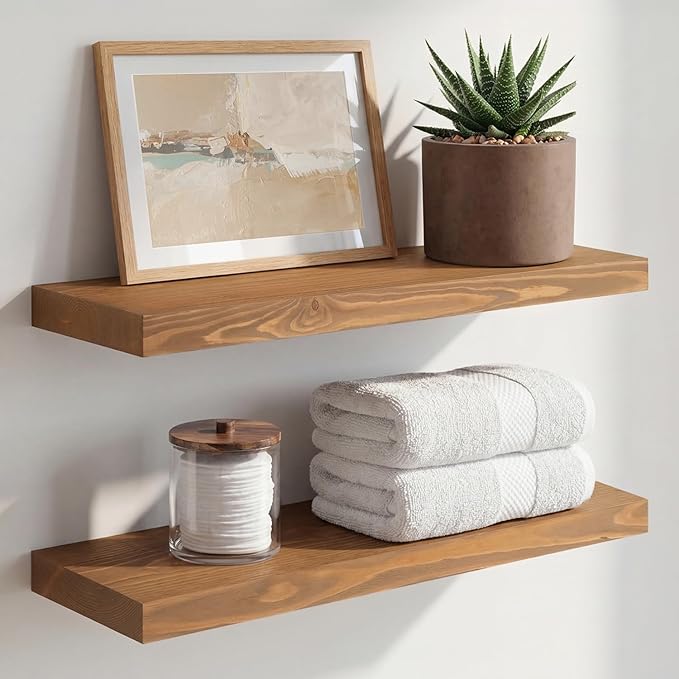 Homeforia 20 inch Golden Oak Floating Shelf, High End Solid Real Wood 20inch Small Floating Shelves for Wall Mounted, Oak Wooden 20in Floating Shelves, Heavy Duty Bracket, 20 X 6.5 X 1.75 in, Set of 3