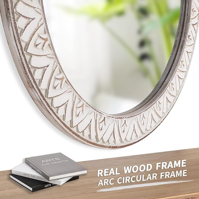 Rustic Round Wood 36 Inch Farmhouse Mirror, Wall Mount, Framed, White, Flower White, Modern & Rustic Style, Decorative Wall Mirror for Living Room, Bedroom, Entryway, Bathroom