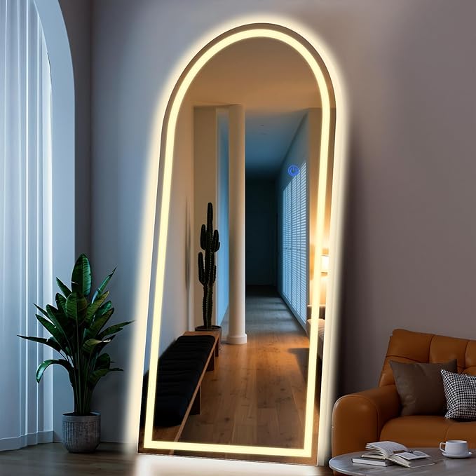 Arch Full Length Standing Mirror with LED Lights, 76"x34" Lighted Mirror with Dimming & 3 Color Lighting, Tall Mirror Full Body for Bedroom, Dressing Room