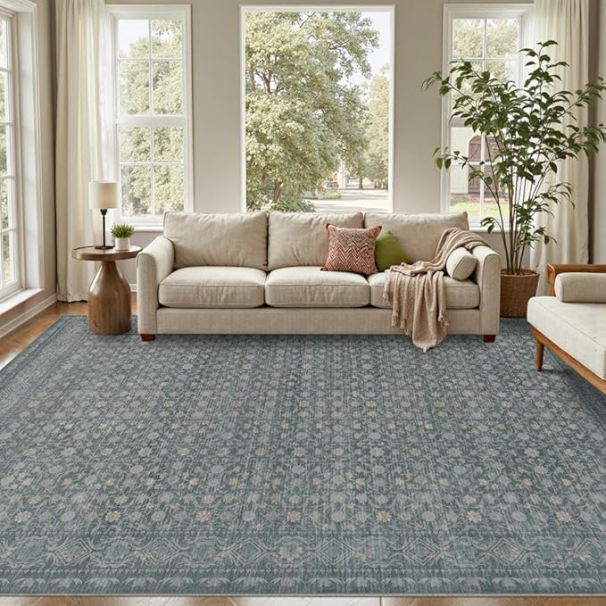 8x10 Washable Area Rug for Living Room, Extra Large Vintage Boho Rugs for Dining Room, Kids Room, Farmhouse, Durable Low Pile Non Slip Carpet for High Traffic Areas, Soft Blue