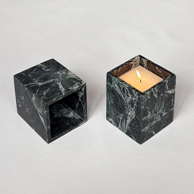Natural Marble Stone Square Storage Container Empty Vessel Holder Cup for Candle/Pens/Sundries items (Dark Flower Green)