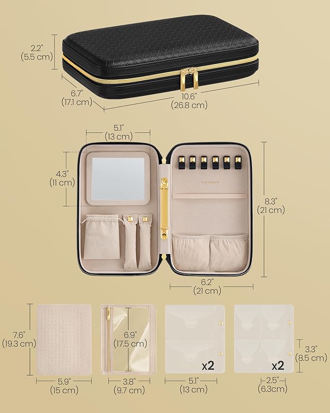 SONGMICS HOME Travel Jewelry Case, Jewelry Organizer Box with Mirror, Jewelry Pouch, Woven Embossed PU Leather, Hard Shell, Large Capacity, Gift Idea, Ink Black UJBC204B01