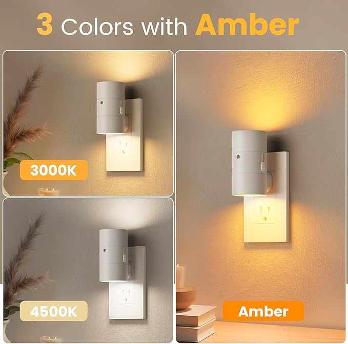 VOLISUN Night Light, Dimmable Led Night Lights Plug into Wall, Amber/3000K/4500K, 0-100LM Adjustable Brightness, Dusk to Dawn Nightlight for Hallway, Bathroom, Bedroom White 4 Pack