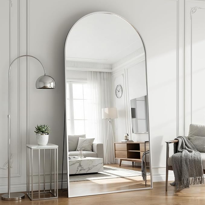 Mirror Full Length, 28"x71" Large Arched Floor Full Length Mirror with Stand, Room Decor Big Full Body Floor Mirror with HD Tempered Glass Aluminum Frame for Bedroom Living Room, Silver