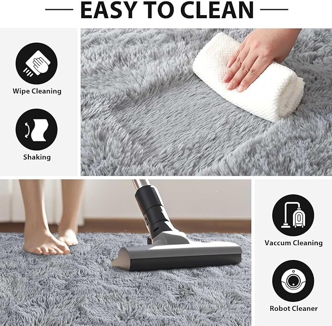 FinRèc 9x12 Feet Rugs for Living Room Bedroom, Soft Light Grey Fluffy Area Rug, Non-Slip Solid Shag Rug for Nursery Kids Room Dorm Room Home Decor, Indoor Floor Carpet