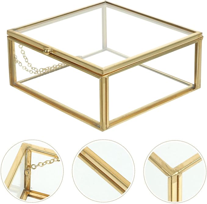 TIDTALEO Jewelry Storage Box with Lid, Glass Cosmetic Organizer Case, Gold Alloy Frame Dustproof Desktop Perfume and Lipstick Holder for Women