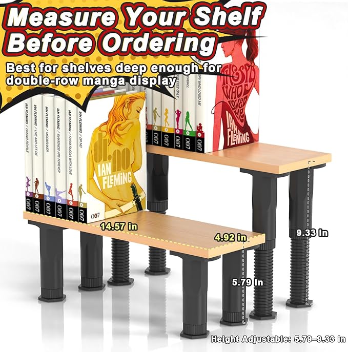 Manga Shelf Risers, 2 Pack Bookshelf Risers for Double Row Book Display, Height Adjustable, Light Wood Finish, Space Saving Organizer for Manga, Figures & Collectibles