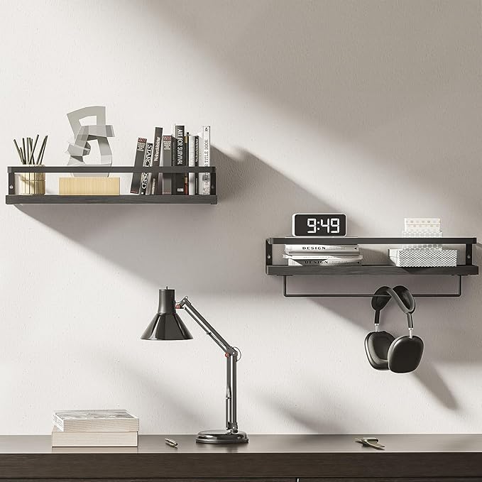 Bathroom Shelves with Towel Bar,Floating Shelves for Bathroom, Kitchen, Bedroom, Paulownia Wood, Matte Black Metal Frame - Set of 2 (Black)
