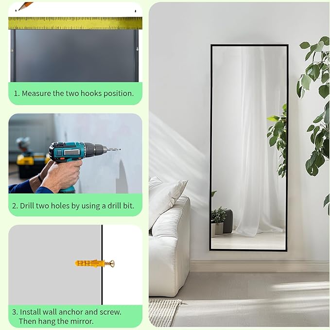 Sunniry Full Length Mirror, Full Body Mirror with Aluminum Metal Frame, Standing Mirrors for Bedroom, Livingroom, Cloakroom, Hallway, Home Décor. (56x16 inch, Black)