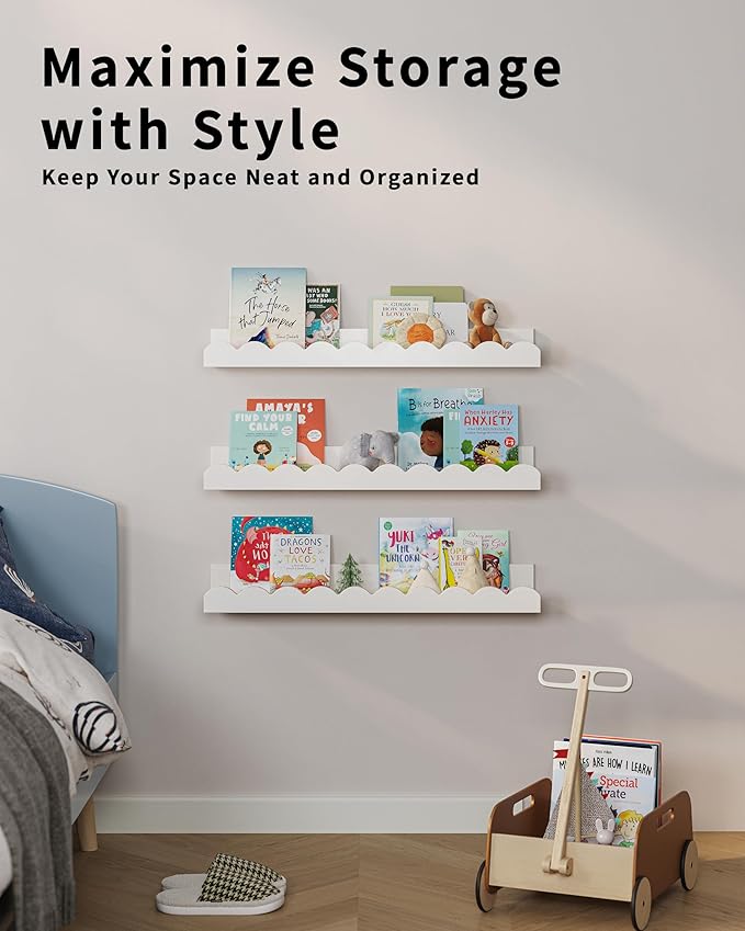 G&W Gruwald Nursery Book Shelves, Set of 3, Nursery Decor for Baby and Toddler, Scalloped Shelves, Book Shelf for Kids Rooms, Wall Book Shelf for Bedroom Kids