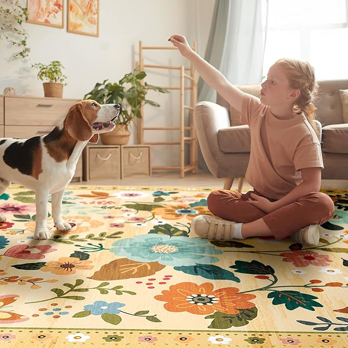 RELEANY Floral Nursery 2x10 Area Rugs Washable Print Boho Cute Carpet Non Slip Flower Low Pile for Living Room Kids Girls Playroom Bedroom Kitchen Office Farmhouse-Ivory/Yellow
