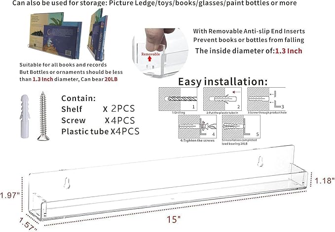 Cq acrylic 15" Clear Floating Bookshelf for Kids Room - Invisible Hanging Wall Mounted U Shaped Shelf, Modern Display for Books,Picture Ledge Display,Vinyl Records Wall Shelf,Toy Storage,Pack of 2