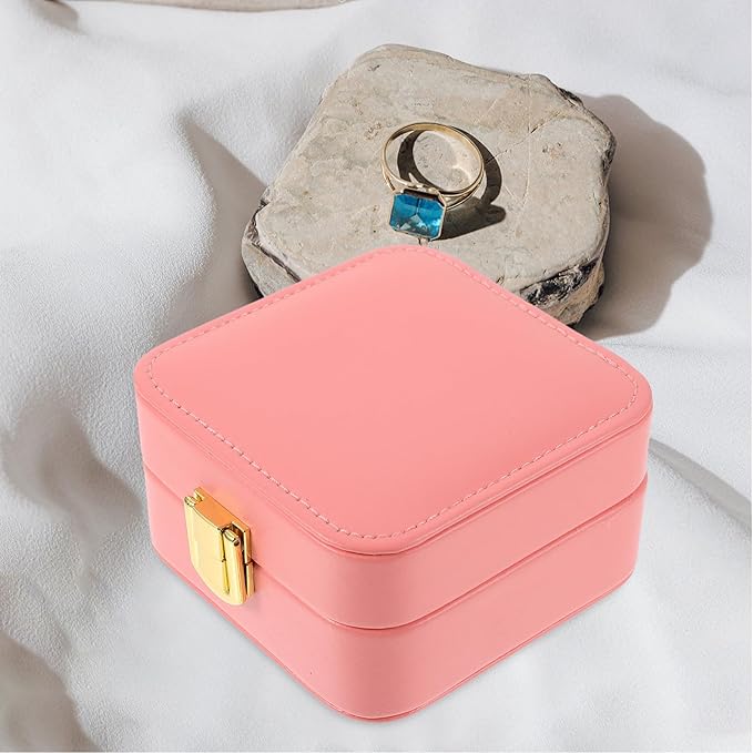 OUNONA Portable Jewelry Box with Makeup Mirror, Small Pink Necklace and Bracelet Storage Case, Travel Jewelry Organizer for Women