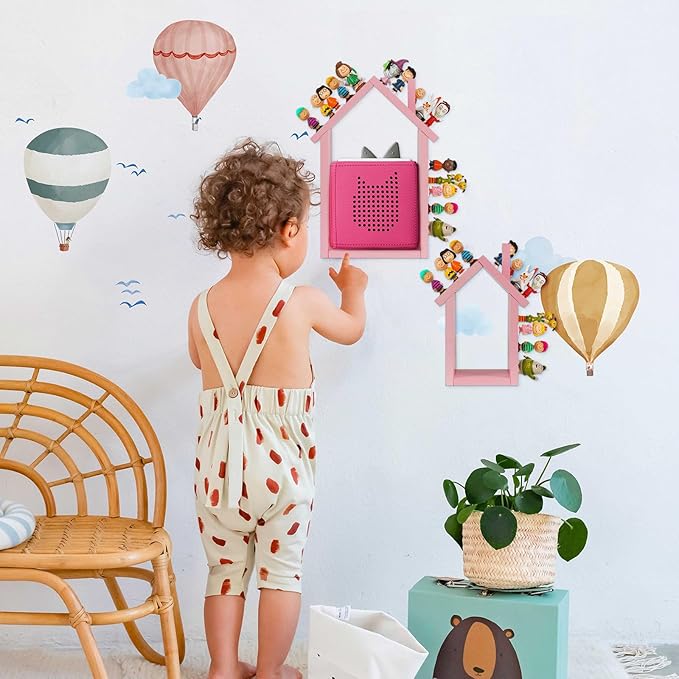for Tonies Shelf Magnetic - for Tonies Figure Organizer Kids Room, Wooden Display Shelf for Tonies Box Holder, Wall Floating Shelves Toy Storage, House Shape Set of 2 with 38Pcs Metal Plate (Pink)