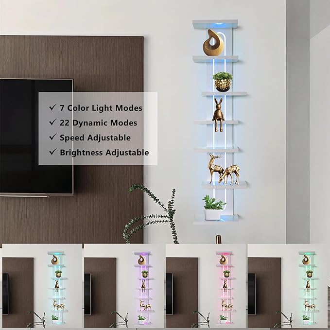 Homaterial 7-Tier RGB Floating Shelves for Gaming Room & Display, Unique Asymmetrical Wall Shelves with Lights & Remote, Vertical Lack Shelf for Collectibles, Room Decor, White