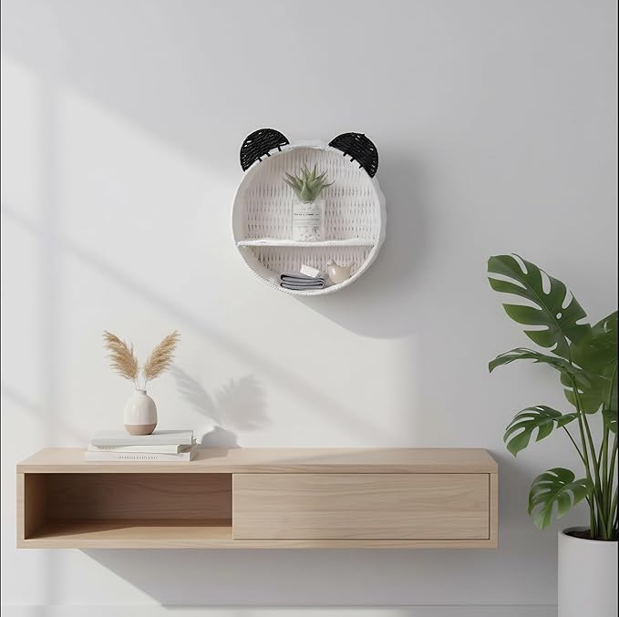 Panda Nursery Decor Wall Shelf, Handwoven Wicker Nursery Shelves for Wall, Wall Mounted Shelf for Small Books, Toys & Decor