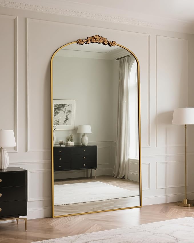 Antok Arched Full Length Mirror, 81"x41" Floor Mirror with Carved, Full Body Mirrors for HomeDecor, Standing/Halling Large Wall Mirror for Bedroom, Living Room, Cloakroom, Gold, Retro Style