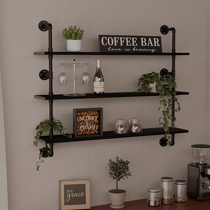 HDDFER Industrial Pipe Shelving Rustic Black Wall Shelves with Wood Planks Industrial Floating Shelves 48 Inch 3 Tier Farmhouse Bookshelf Pipe Shelves Wall Mounted,Open Shelving For living room/office