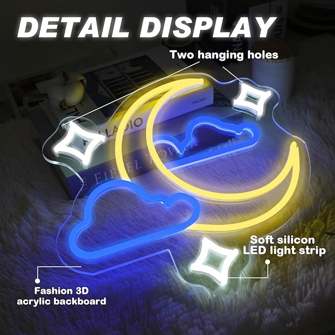 Moon Star Cloud Neon Sign - Moon Star Cloud LED Light for Kids, Teens, Baby Bedroom, Game Room Wall Decor - Dimmeable Premium USB Powered Neon Night Light with On/Off Switch - 14x13-Inch