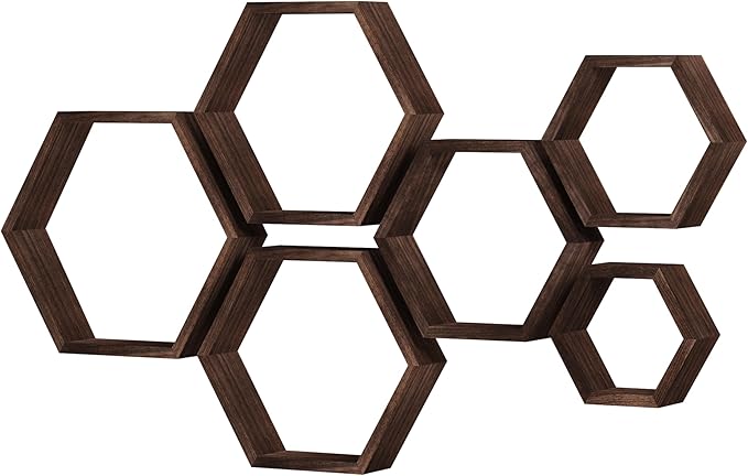 WONFUlity Hexagon Floating Shelves Honeycomb Shelves Wall Mounted Wood Farmhouse Storage Wall Shelf for Bathroom, Kitchen, Bedroom, Living Room,Driftwood Finish Decor,Dark Brwon
