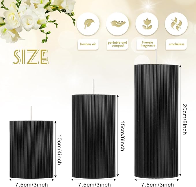 Conelist Ribbed Pillar Candles Set of 3, Width 3" High 4" 6" 8" Large Soy Wax Orchids Scented Pillar Candles Aesthetic Ribbed Modern Home Decor for Bathroom Living Room(Black)