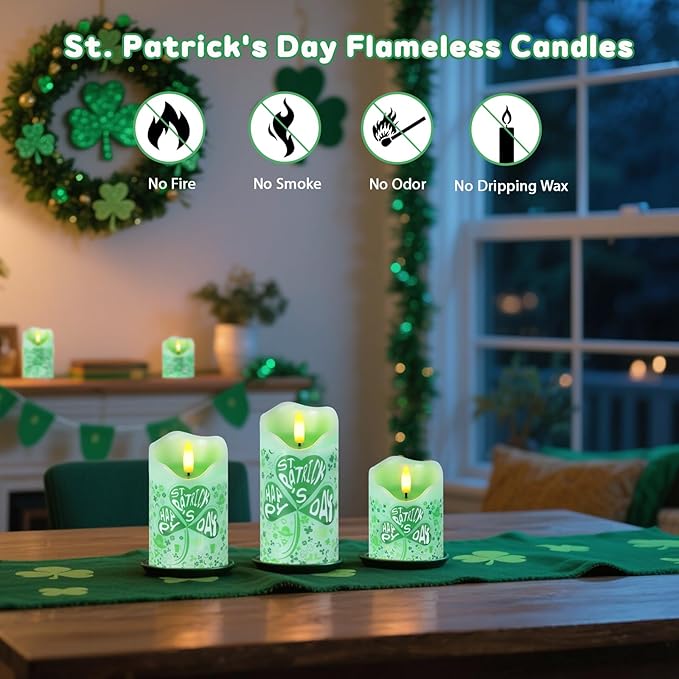 Flameless Candles Lights, Set of 3 Flickering St. Patrick's Day Pillar Candles with Remote & Timer, Dimmable Real Wax Shamrock LED Candles Battery Operated for Home St. Patrick's Day Decor (Clover)