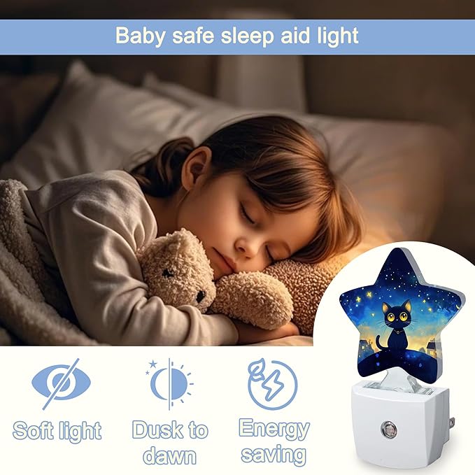 Cat Black Cute Nightlight,Dark Starry Night Star Night Lights Plug into Wall Decorations for Bedroom Bathroom,Dusk to Dawn Sensor Kitchen Hallway Stairs Energy Efficient Desk Lamp