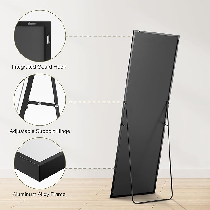 OLIXIS 64"x 21.5" Mirror Full Length, Full Body Mirror with Stand, Hanging or Leaning for Wall, Floor Standing with Shatter-Proof Glass for Bedroom, Living Room, Long, Black