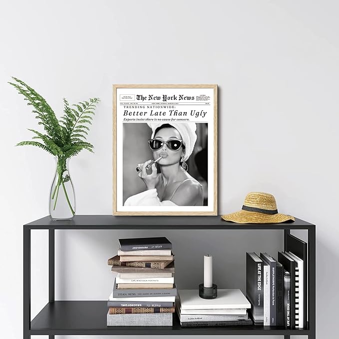 Bwodke OAK Wood Framed Wall Art Audrey Hepburn Newspaper Canvas Art Vintage Headline Pictures Wall Decor Better Late Than Ugly Prints Trendy Artwork for Girly Dorm Bedroom Bathroom 16"x20"