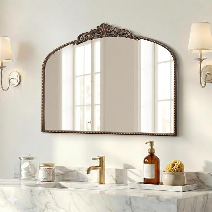 Micasso Bronze Vintage Arched Mirror: 29x36 in French Baroque Antique Wall Mounted Mirror - Traditional Ornate Decorative Mirror for Mantle/Fireplace/Living Room/Bedroom/Entryway/Hallway/Wall Decor