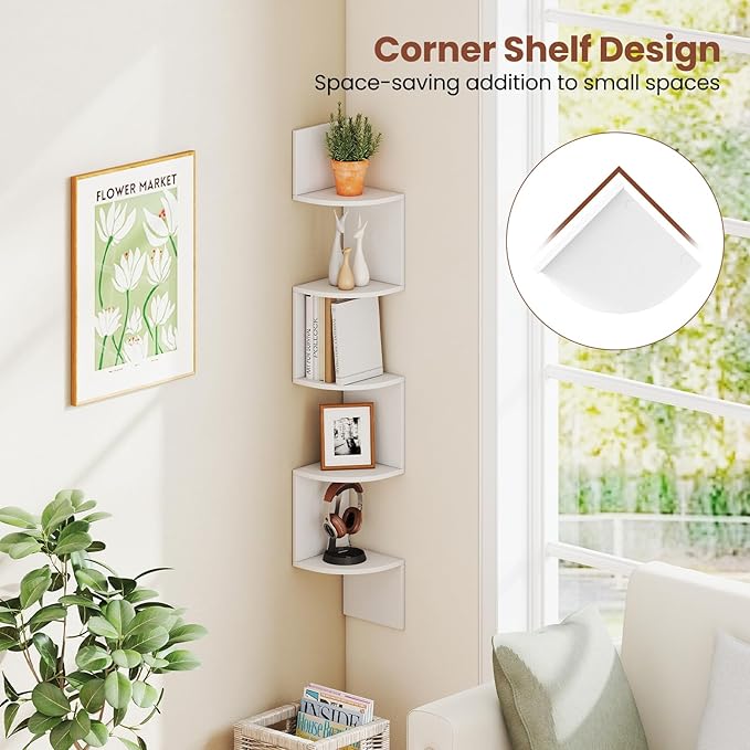 Giantex Corner Shelf Wall Mounted, 5-Tier Floating Corner Bookshelf, Home Storage Organizer, Wooden Display Stand Rack for Wall, Plant Shelf for Living Room, Bedroom, Kitchen (1,White)