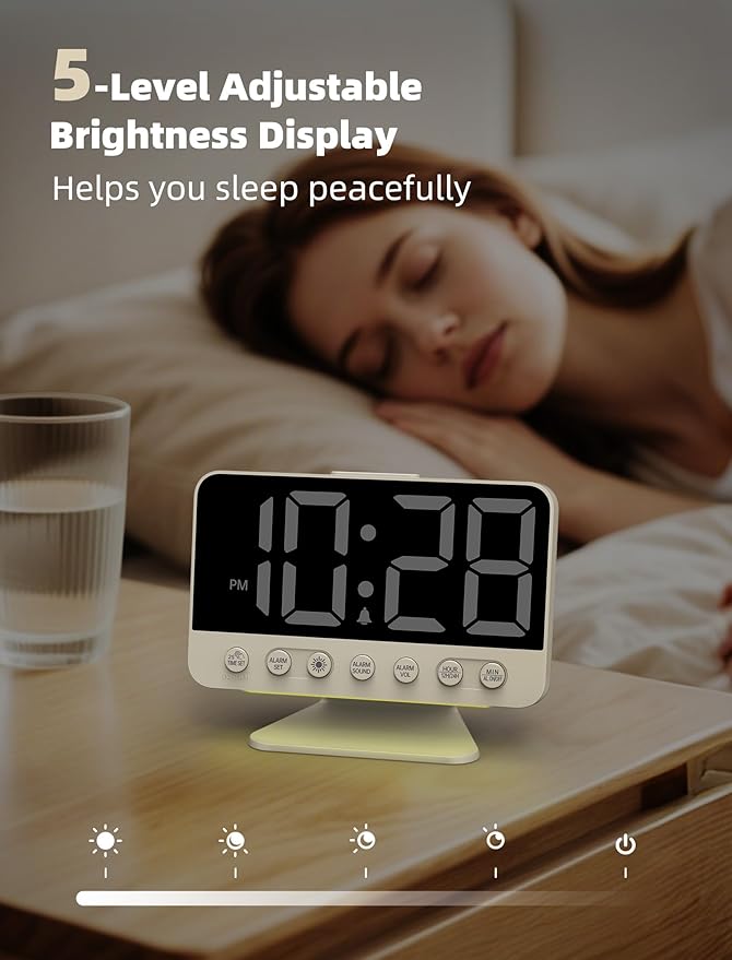 Odokee Digital Alarm Clocks for Bedrooms: Large Bold Number 5 Brightness Dimmer - Easy to Read Across The Room - 5 Alarm Sound 8 Night Light - Putty