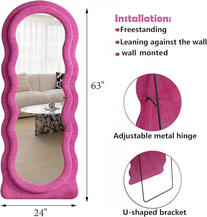 Dewfig Full Length Mirror, 63" x 24" Irregular Wavy Mirror, Large Floor Length Mirrors Wall Mounted, Standing Wavy Mirrors with Flannel Wrapped Wooden Frame for Bedroom/Living Room, Hot Pink