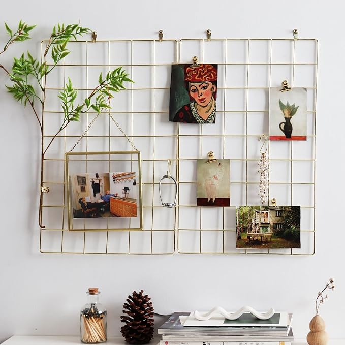 Metal Mesh Wall Grid Panel for Photo Display,Message Board,Size: 17.5" x 11.8",Pack of 2 (Gold)