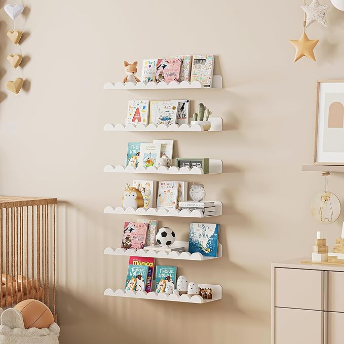 6-Pack Nursery Book Shelves, Scalloped Floating Shelves for Wall Kids, 15.7" Wood Wall Book Shelf for Bedroom Kids, Toddler Room, Baby Room, Nursery Decor,All White