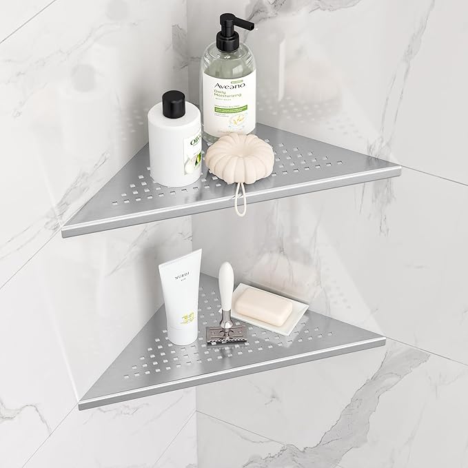 Neodrain 10 Inch Brushed Shower Shelves Corner Shelf for Tile Wall,304 Stainless Steel Corner Shower Shelves for Bathroom, Floating Corner Shelves for Shower Wall, No Drilling(Set of 2
