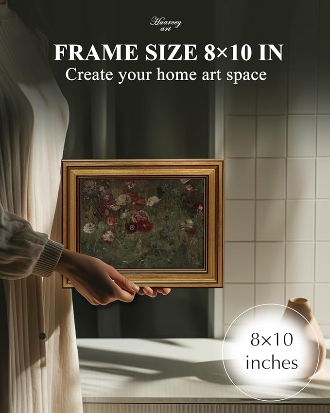 HUARCEY Framed Canvas Wall Art Prints, Bathroom Shelf Vintage Decor Aesthetic, Poppies Floral Paintings Farmhouse Wall Decor, Retro Table Desk Pictures for Bedroom Living Room, 8x10Inch
