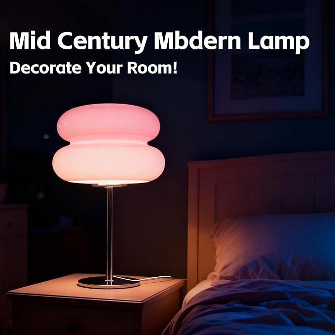 Bedroom Mushroom lamp, Medieval Modern Bedside Table lamp, dimmable Retro Egg Tart Headlight, Unique Home Mushroom Decoration Aesthetic Lovely Living Room Desk lamp (Pink)