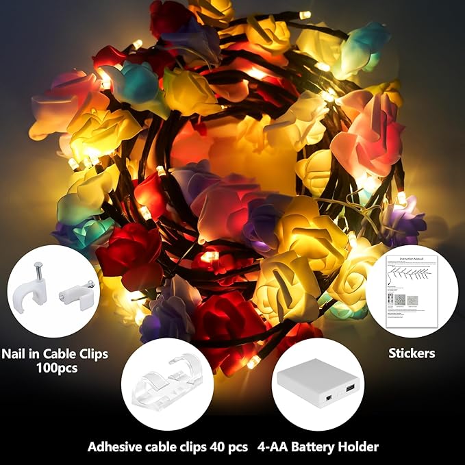 FNHMSL Macaroon Rose Blossom Enchanted Willow Vine Lights, 7.55FT 144LED 6 Color Blossom Tree Branch Lights for Wall, Remote Timer,8 Light Model,Bedroom Wall Doors Wedding, Christmas, USB Battery Box