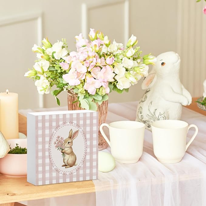 Pink Bunny Wood Box Sign Desk Decor, Bunny Decorations, Pink Easter Theme Wooden Block Box Sign Decoration for Home Office Shelf Table Decor 5x5