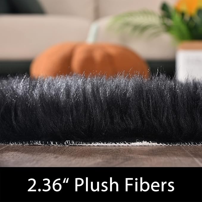 Latepis Black Faux Fur 8'10"x11'10" Area Rug, Soft Plush Faux Fur Sheepskin Rugs for Living Room, Washable Fluffy Fuzzy Rug for Bedroom and Living Room, Luxury Room Decor, Rectangle