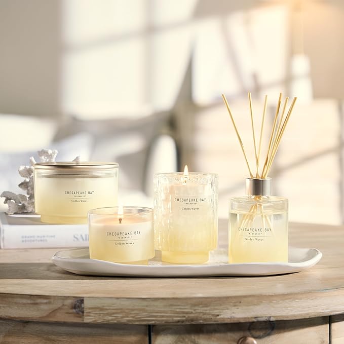 Chesapeake Bay, 8oz Golden Waves Scented Candle, Mood Evoking Fragrance, Textured Sea Glass-Inspired Jar, Premium Soy Blend Wax with Essential Oils, Coastal Fragrance for Home Décor or Gifting