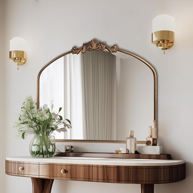 HQiJun Gold Wall Mirror, Large Arched Vintage Baroque Ornate Mirrors, Traditional Decorative Antique Brass Mirror for Entryway, Living Room, Bedroom, Bathroom Vanity, Fireplace Mantel(Gold,29"x36")