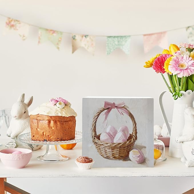 Pink Bow Easter Egg Wood Box Sign Desk Decor, Pink Easter Theme Wooden Block Box Sign Decoration for Home Office Shelf Table Decor 5x5