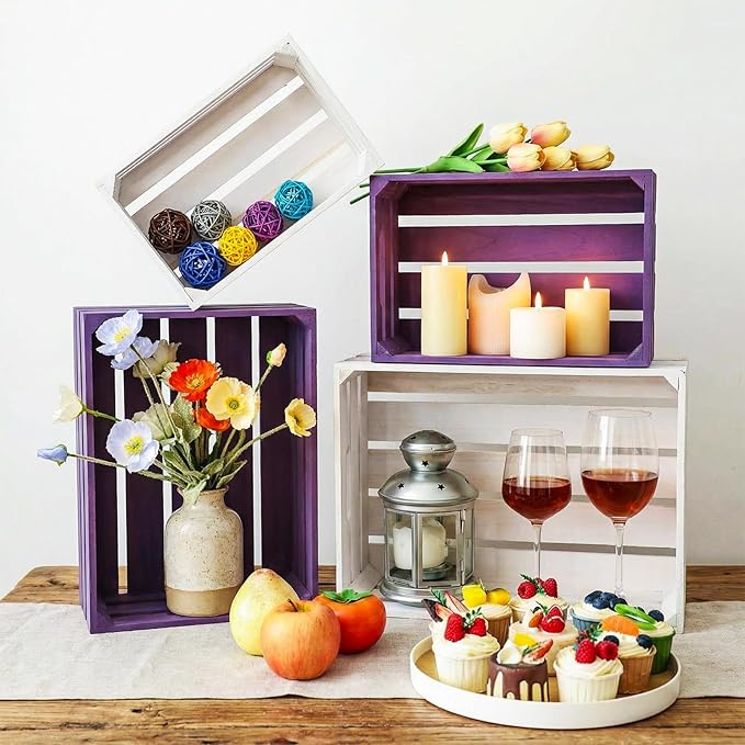 Novabright 4 Pcs Decorative Wooden Crates for Display, Purple & White Nesting Wood Crates with Handles, Rustic Farmhouse Storage Boxes for Wedding Birthday Home Decor Shelf Organization